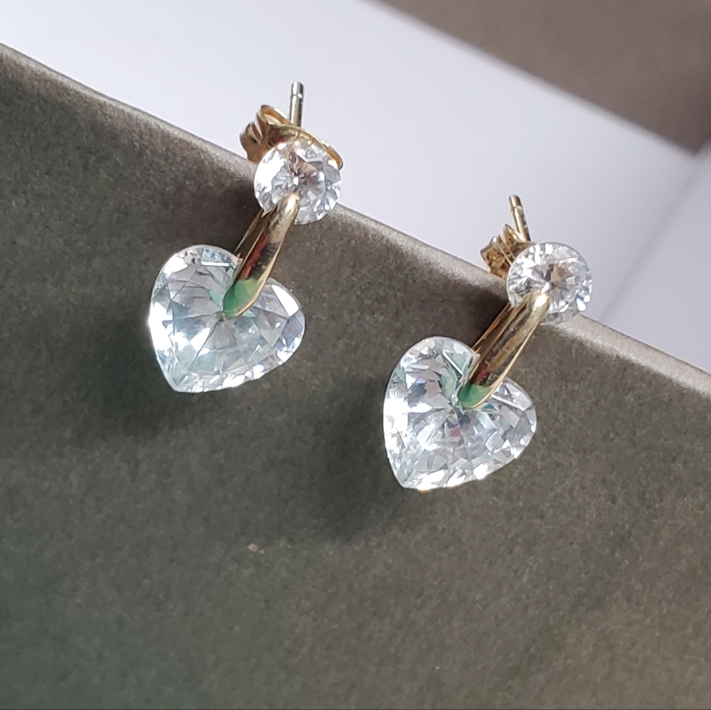 14K Gold Tension Set Dangling Floating Heart Earrings